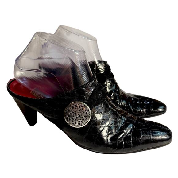VTG Brighton Romeo Women’s Black Croc Patent Leather Mules Heel Shoes Size 8.5 M - Picture 3 of 13